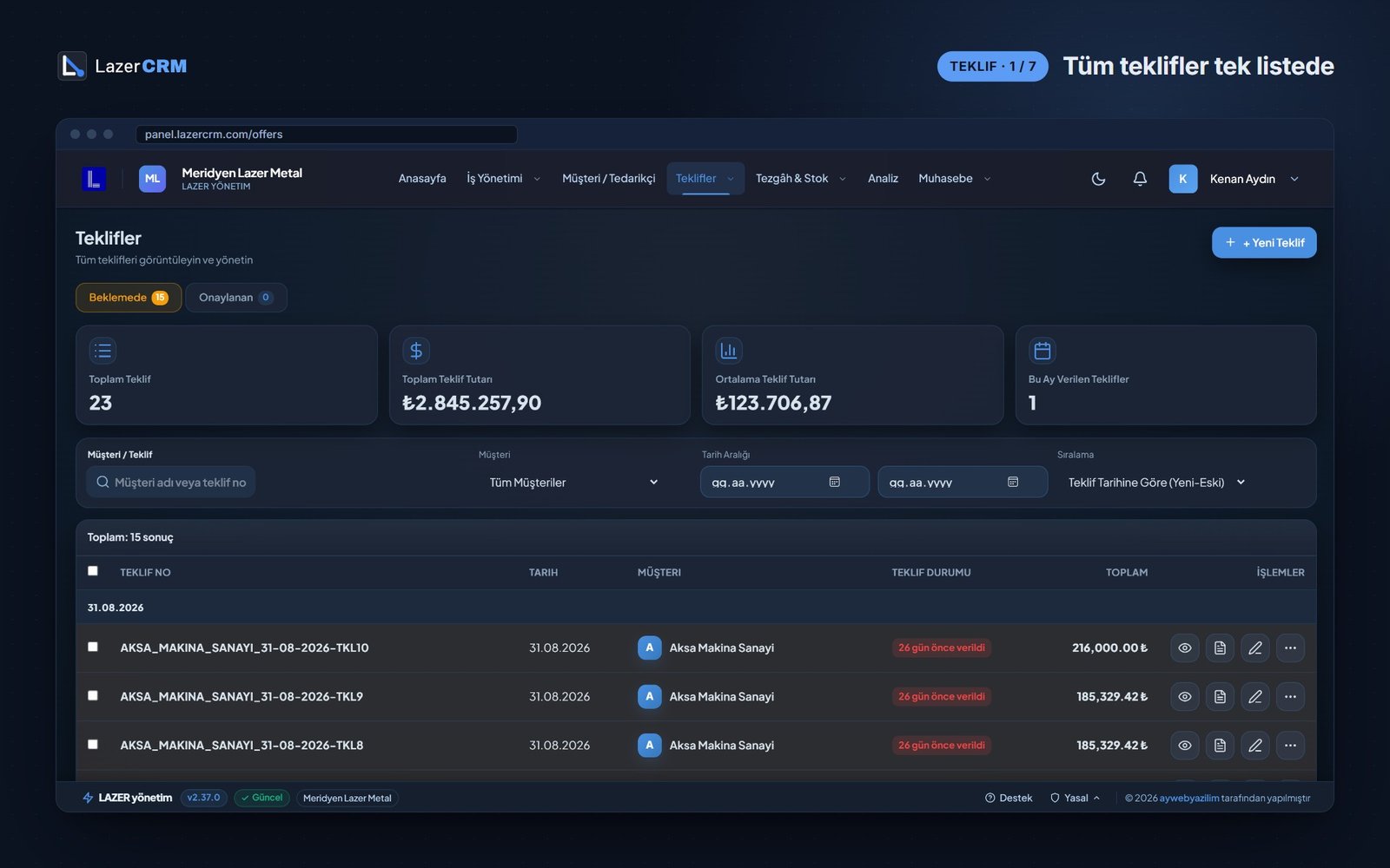 LazerCRM Tüm Teklifler Tek Listede ekranı
