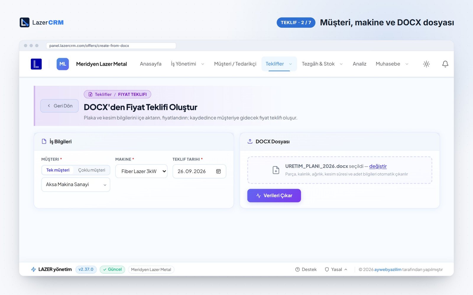 LazerCRM Müşteri, Makine ve DOCX Dosyası ekranı