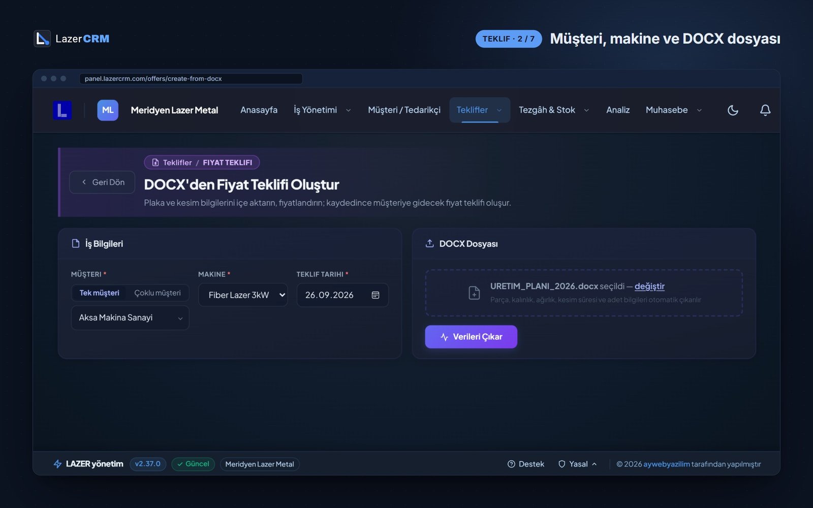 LazerCRM Müşteri, Makine ve DOCX Dosyası ekranı