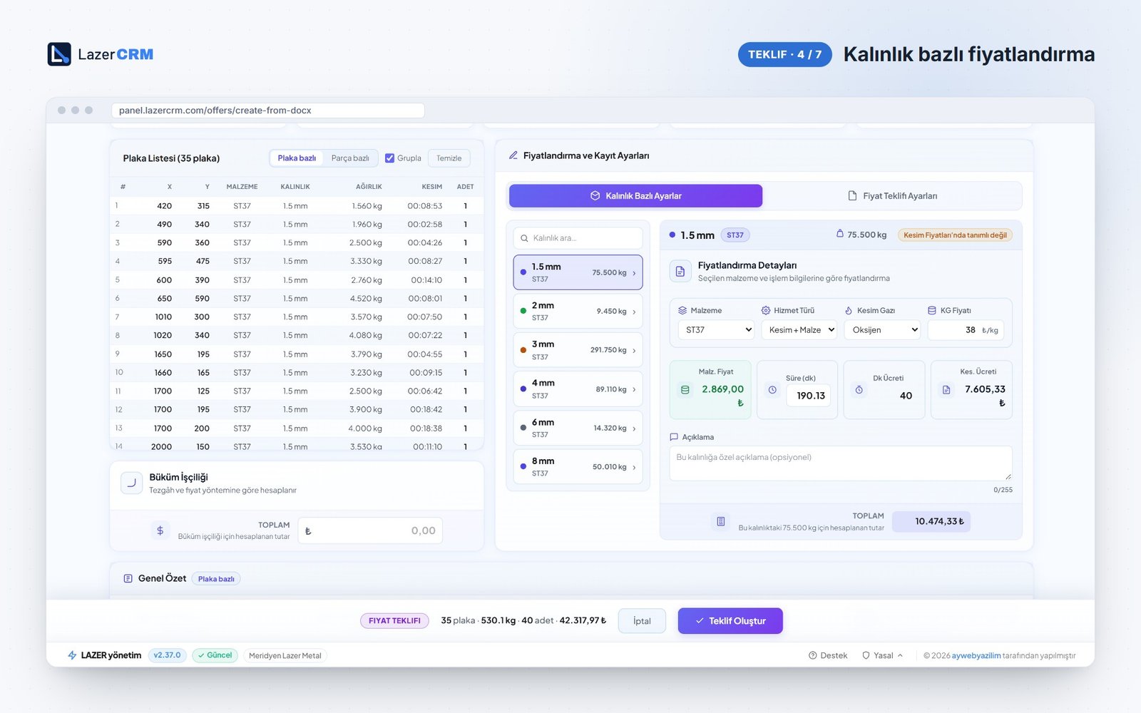 LazerCRM Kalınlık Bazlı Fiyatlandırma ekranı