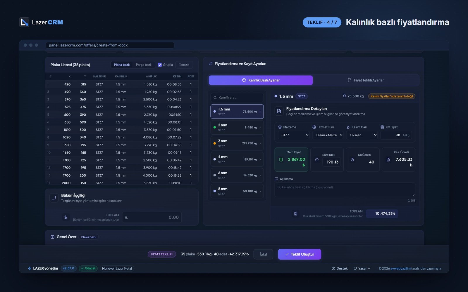 LazerCRM Kalınlık Bazlı Fiyatlandırma ekranı