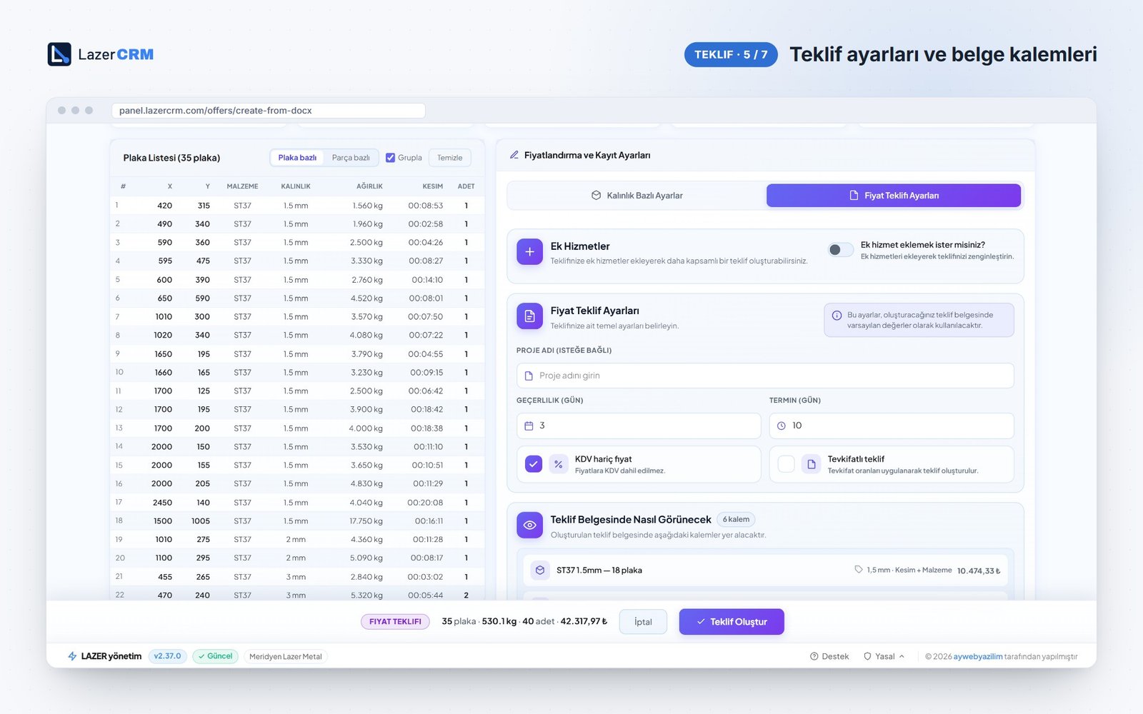 LazerCRM Teklif Ayarları ve Belge Kalemleri ekranı
