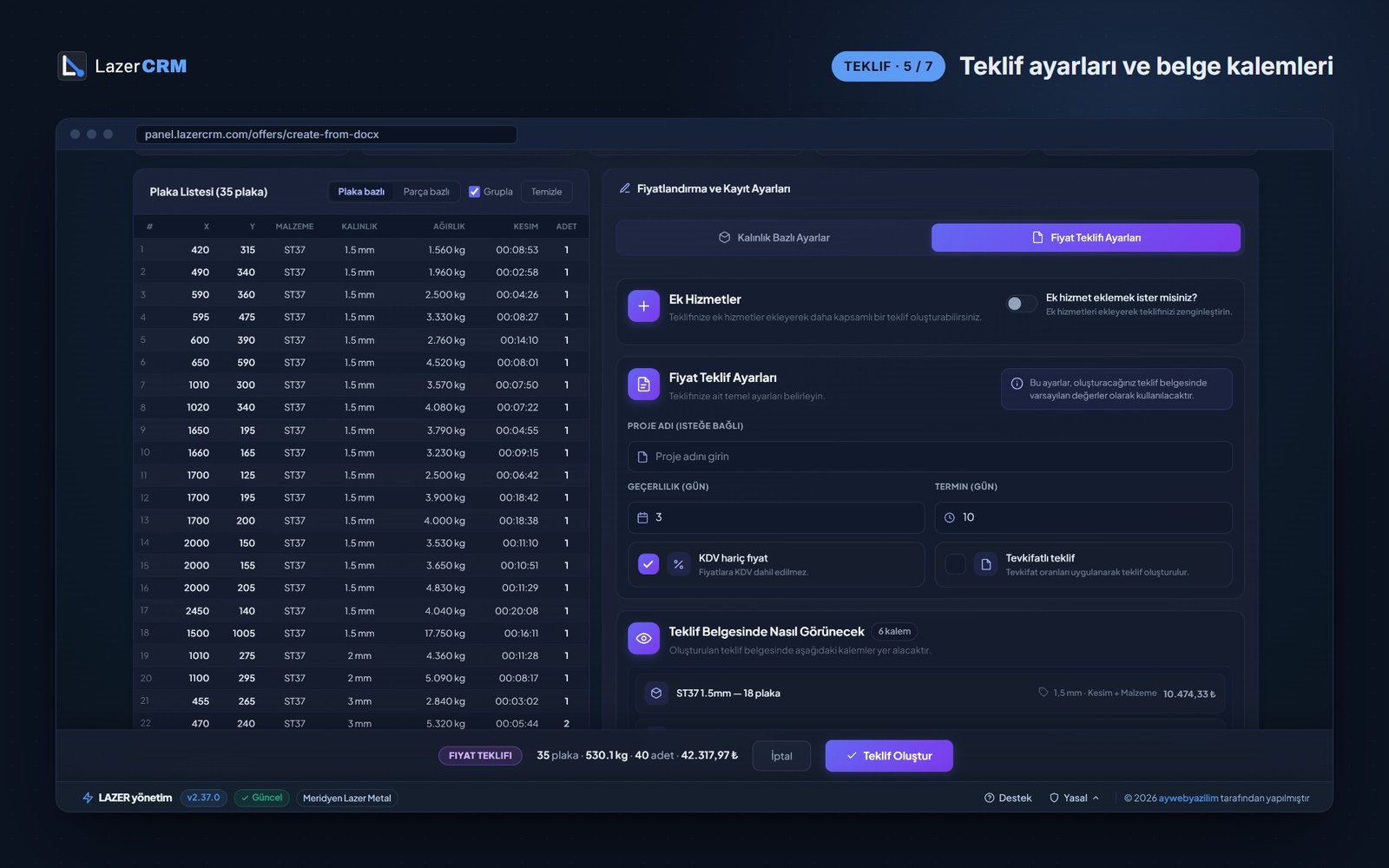 LazerCRM Teklif Ayarları ve Belge Kalemleri ekranı