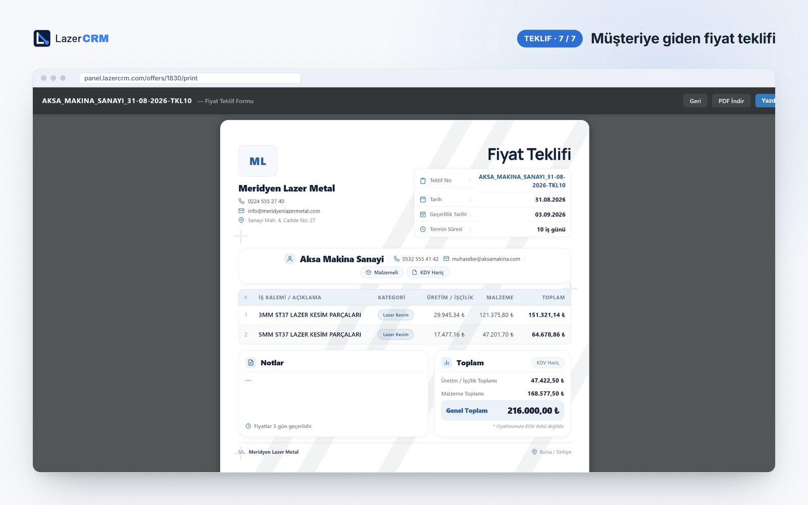 LazerCRM Müşteriye Giden Fiyat Teklifi ekranı