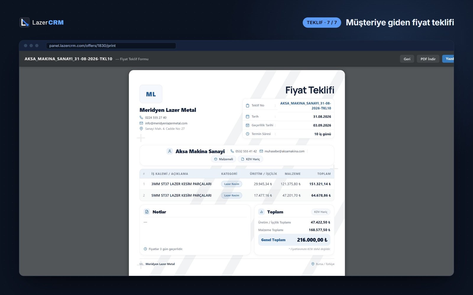 LazerCRM Müşteriye Giden Fiyat Teklifi ekranı