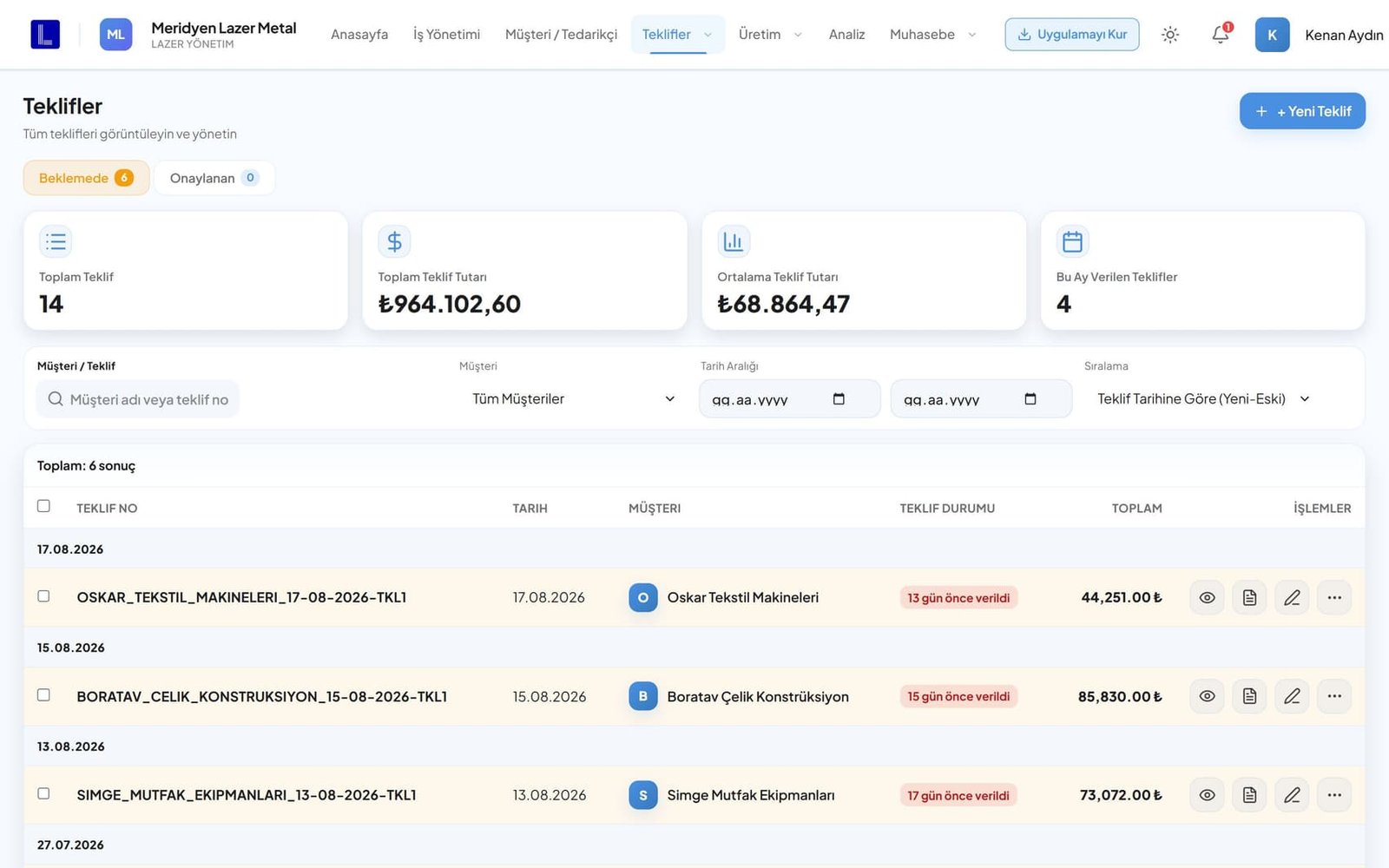 LazerCRM teklif listesi ekranı