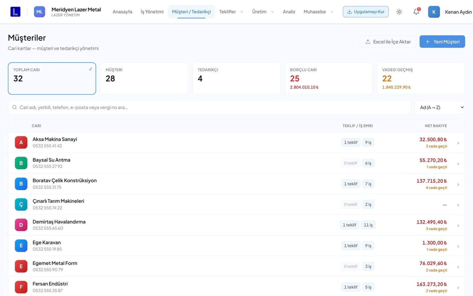 LazerCRM müşteri ve tedarikçi listesi