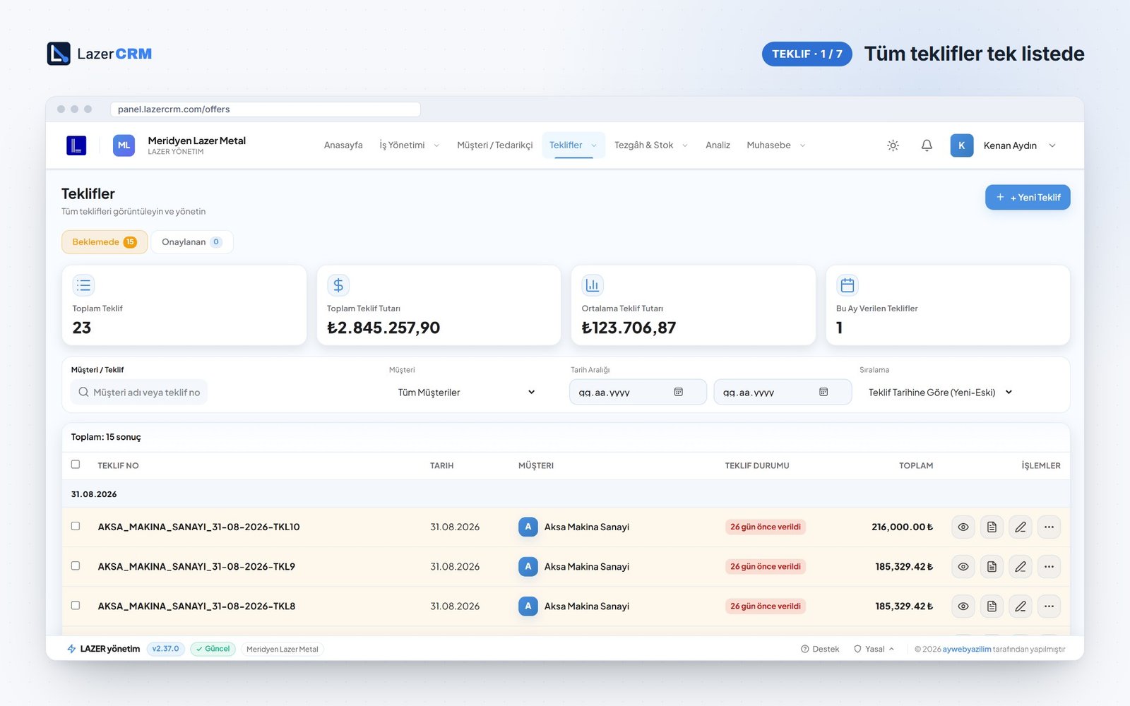 LazerCRM teklif listesi ekranında gönderilen fiyat teklifleri ve durumları