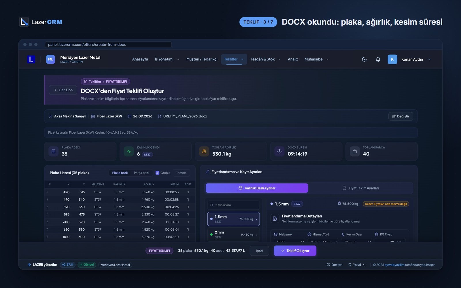 LazerCRM DOCX’ten teklif oluşturma — okunan plaka listesi, toplam ağırlık ve kesim süresi