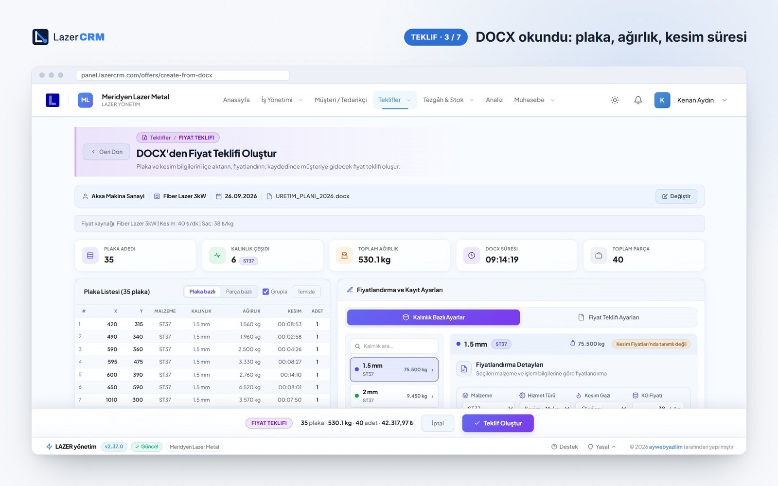 LazerCRM DOCX’ten teklif oluşturma — okunan plaka listesi, toplam ağırlık ve kesim süresi