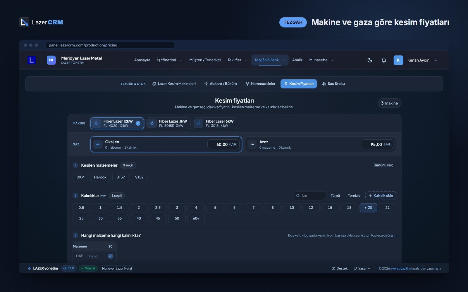 LazerCRM kesim fiyatları ekranı — makine, gaz ve kalınlık kırılımı