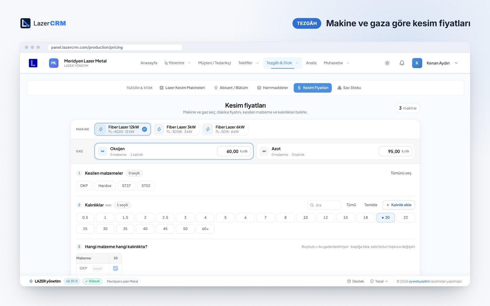 LazerCRM'de makine ve gaz türüne göre dakika fiyatları ekranı