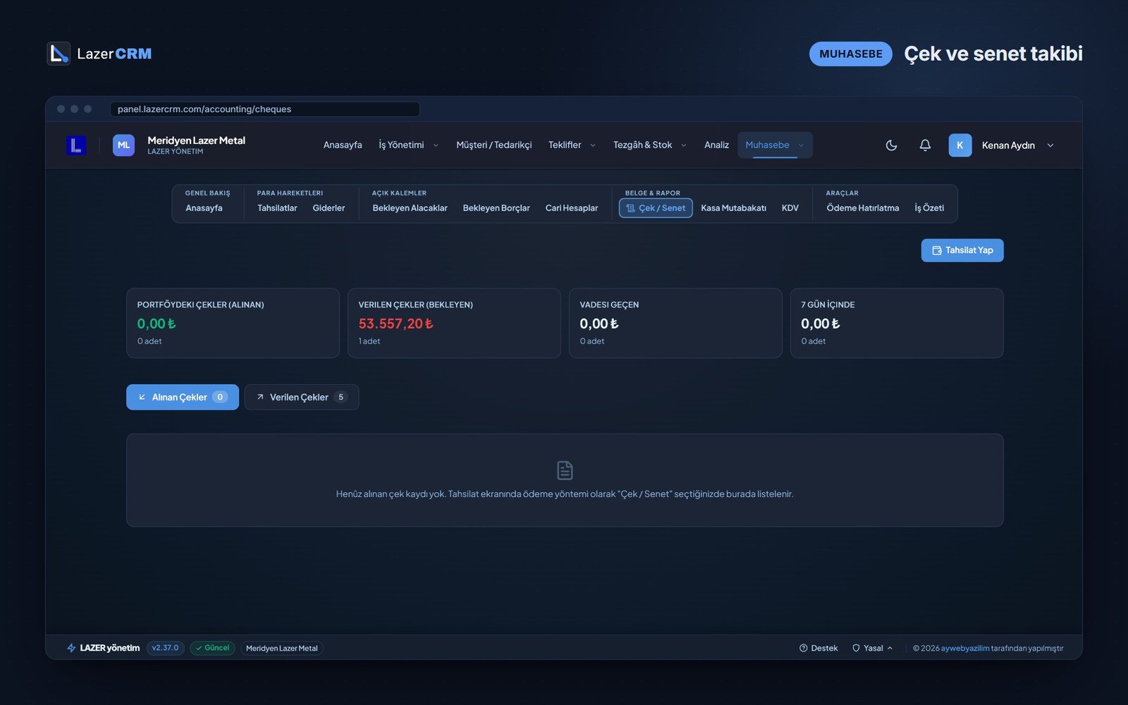 LazerCRM çek ve senet takibi ekranı