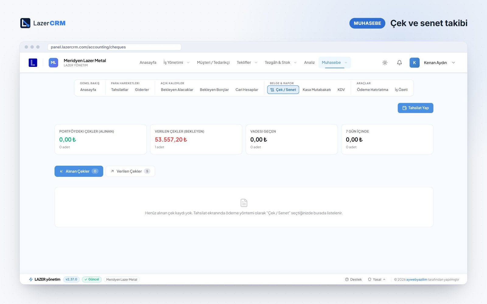LazerCRM çek ve senet takibi ekranı