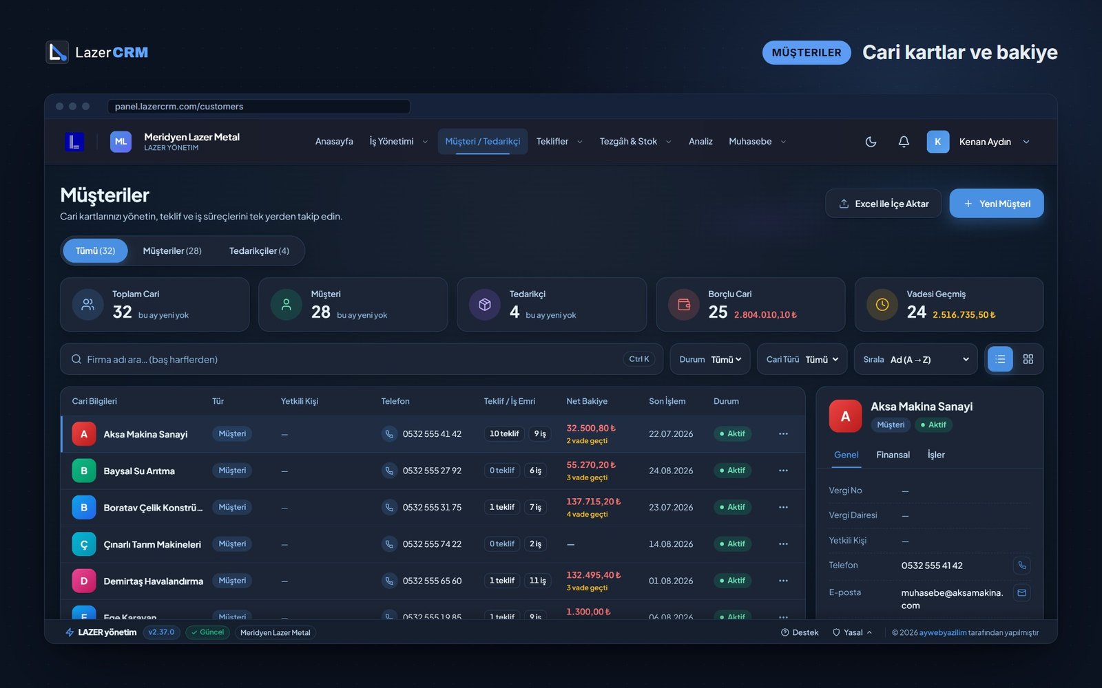 LazerCRM müşteri ve tedarikçi listesi