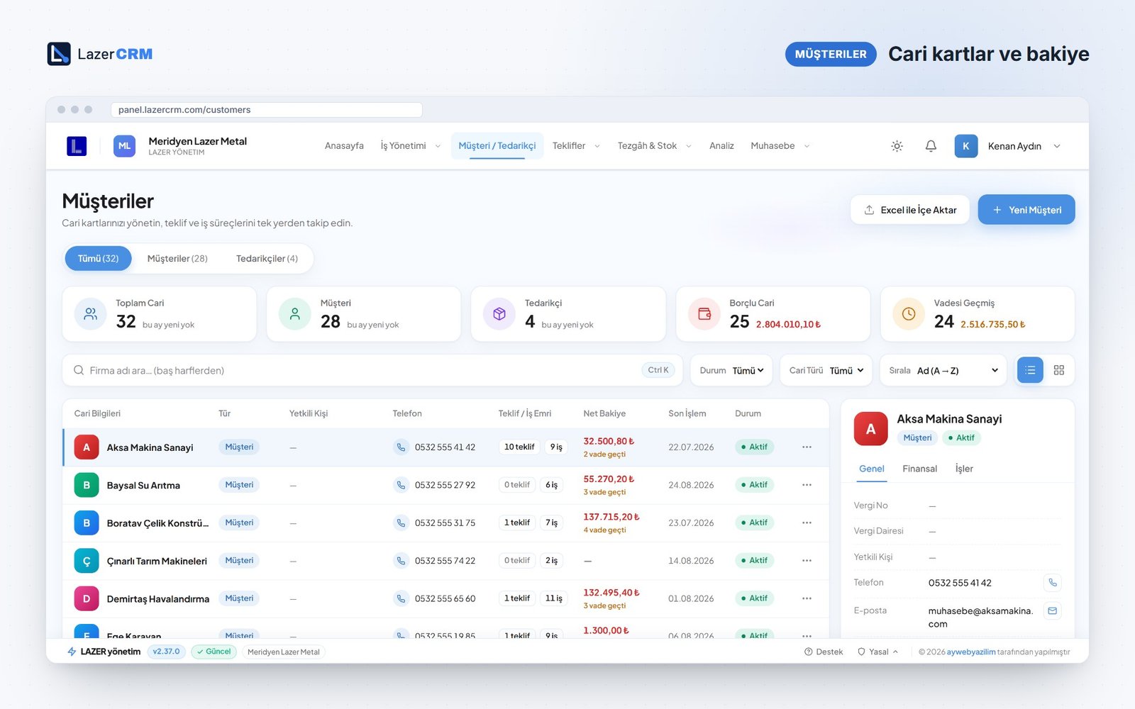 LazerCRM müşteri ve tedarikçi listesi