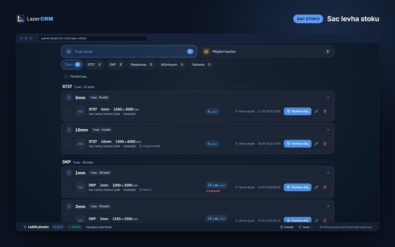 LazerCRM sac stoku ekranı