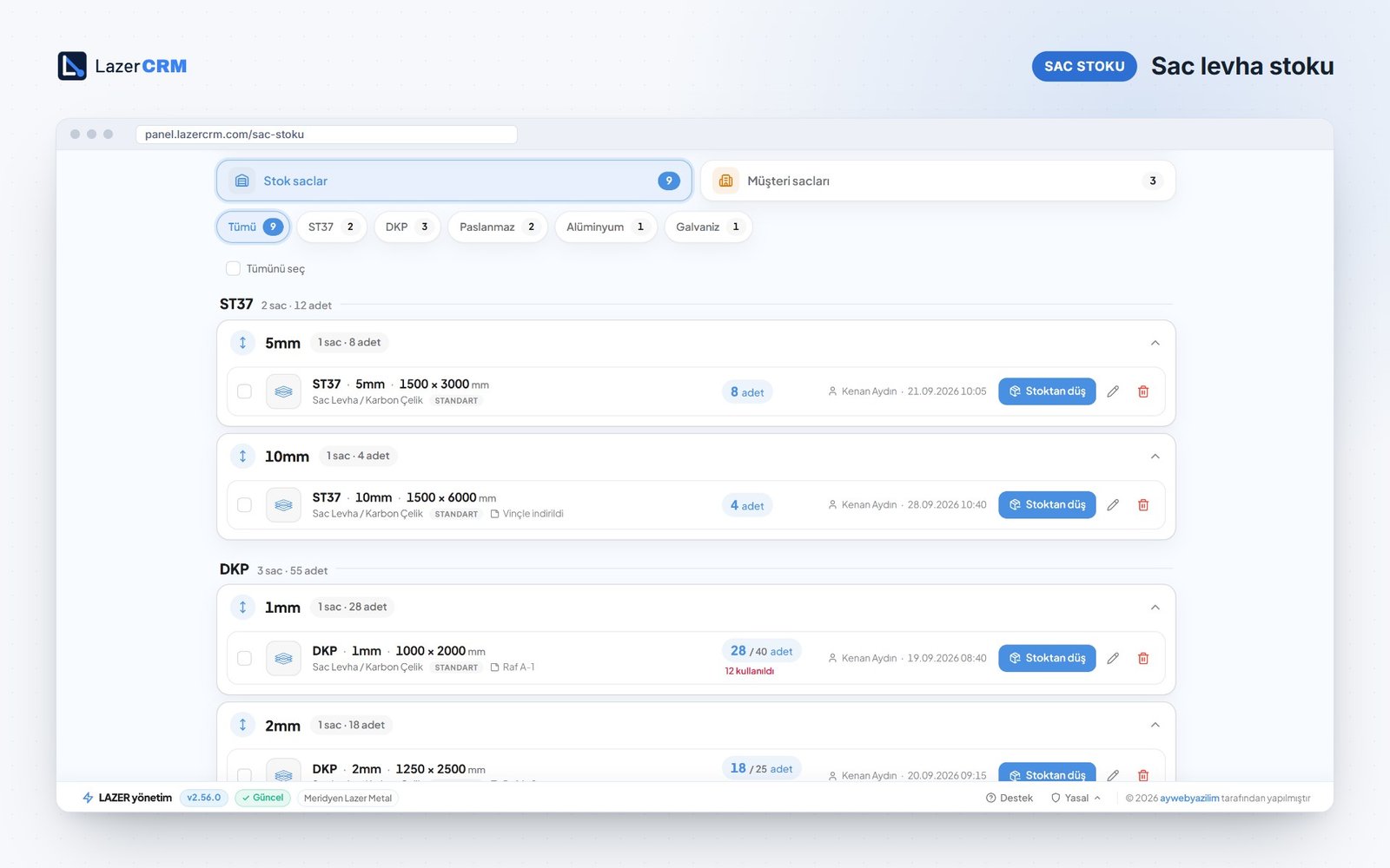 LazerCRM sac stoku ekranı